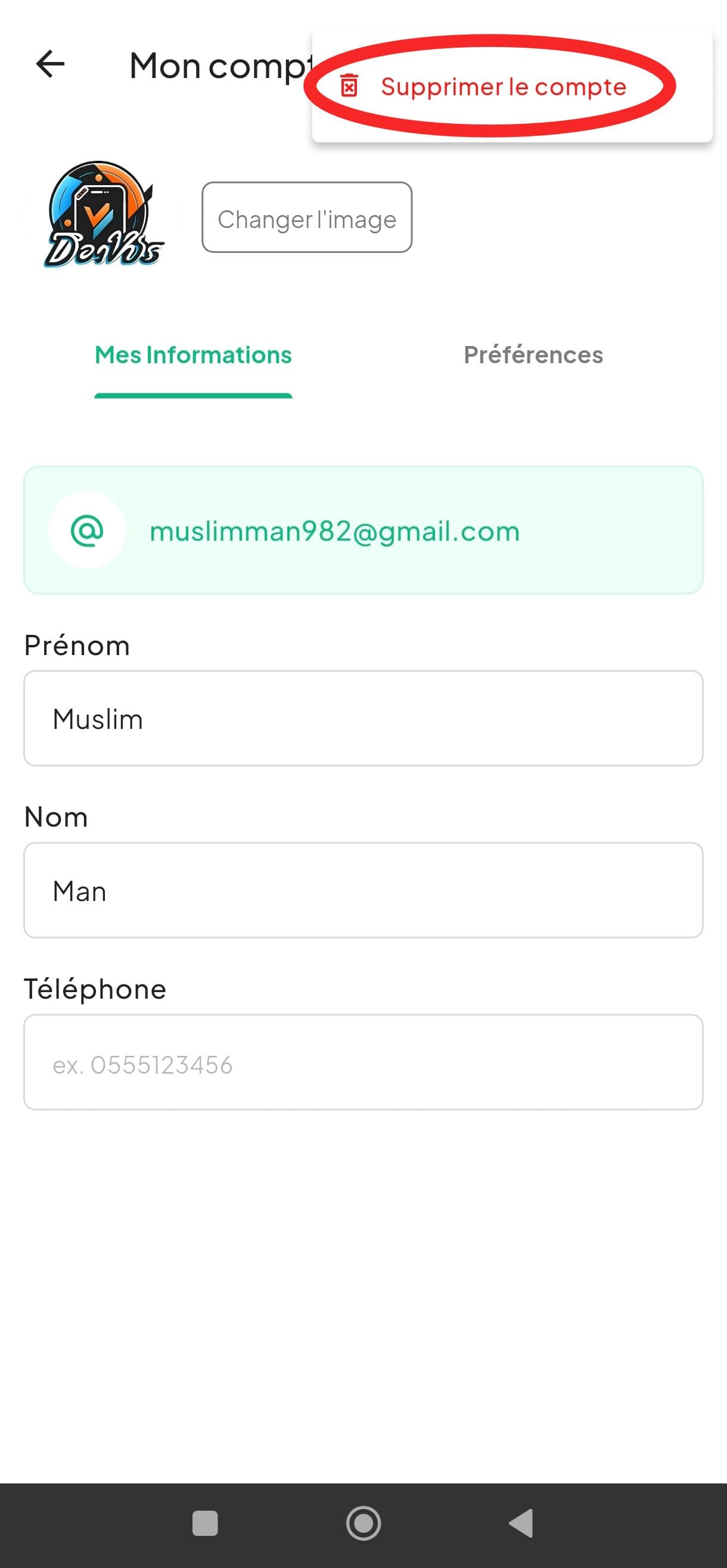 Option « Supprimer le compte » dans le menu