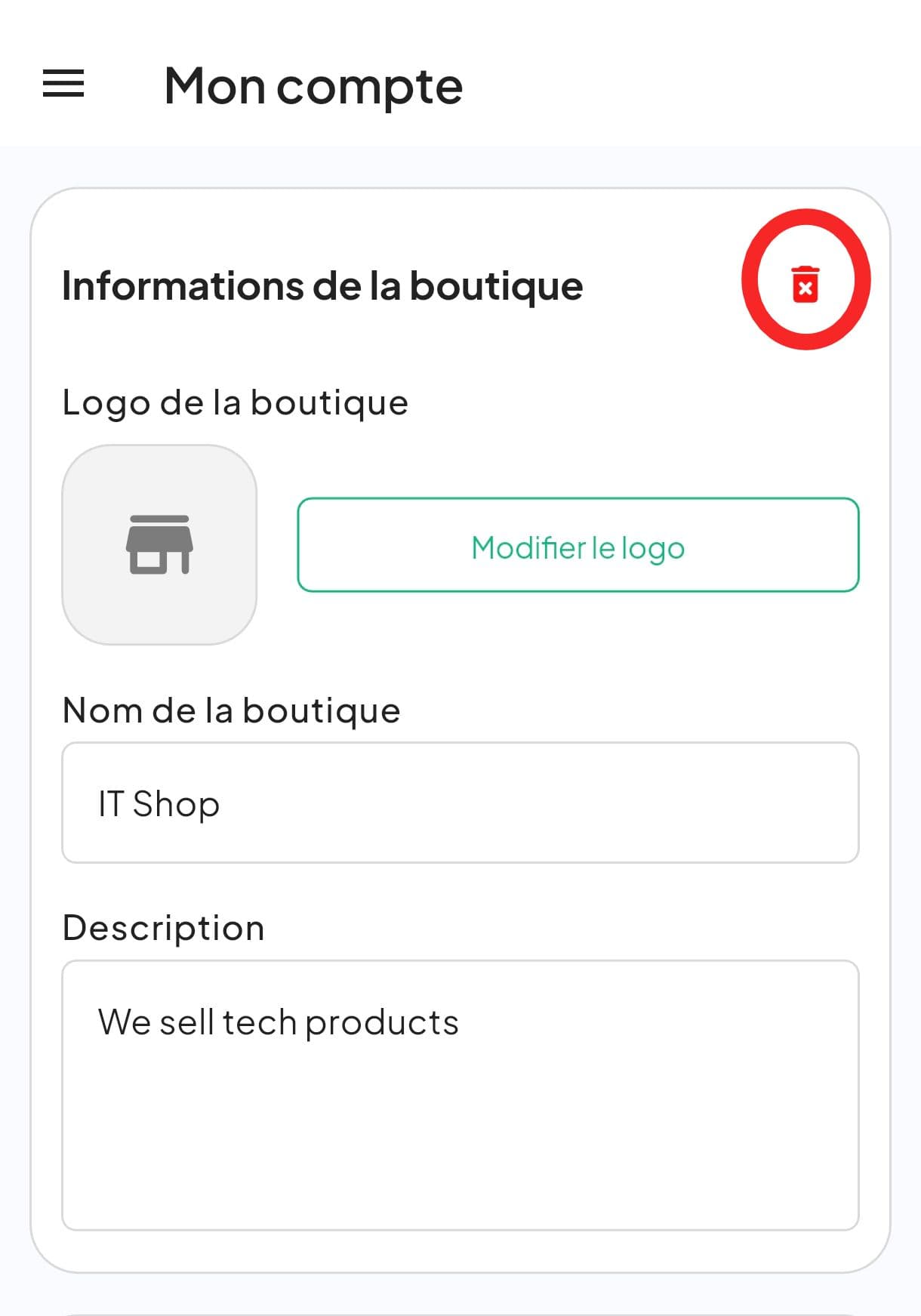 Bouton de suppression du compte vendeur