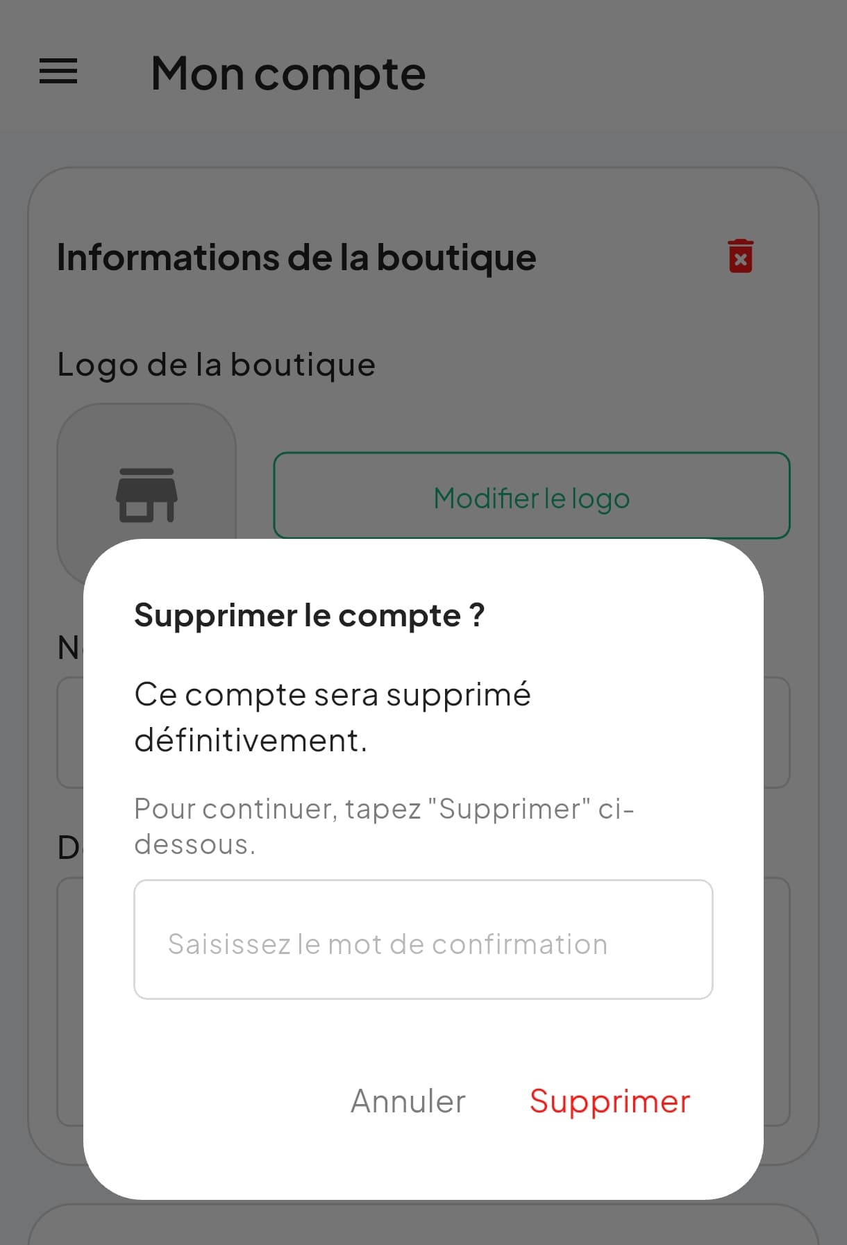 Fenêtre de confirmation de suppression du compte vendeur