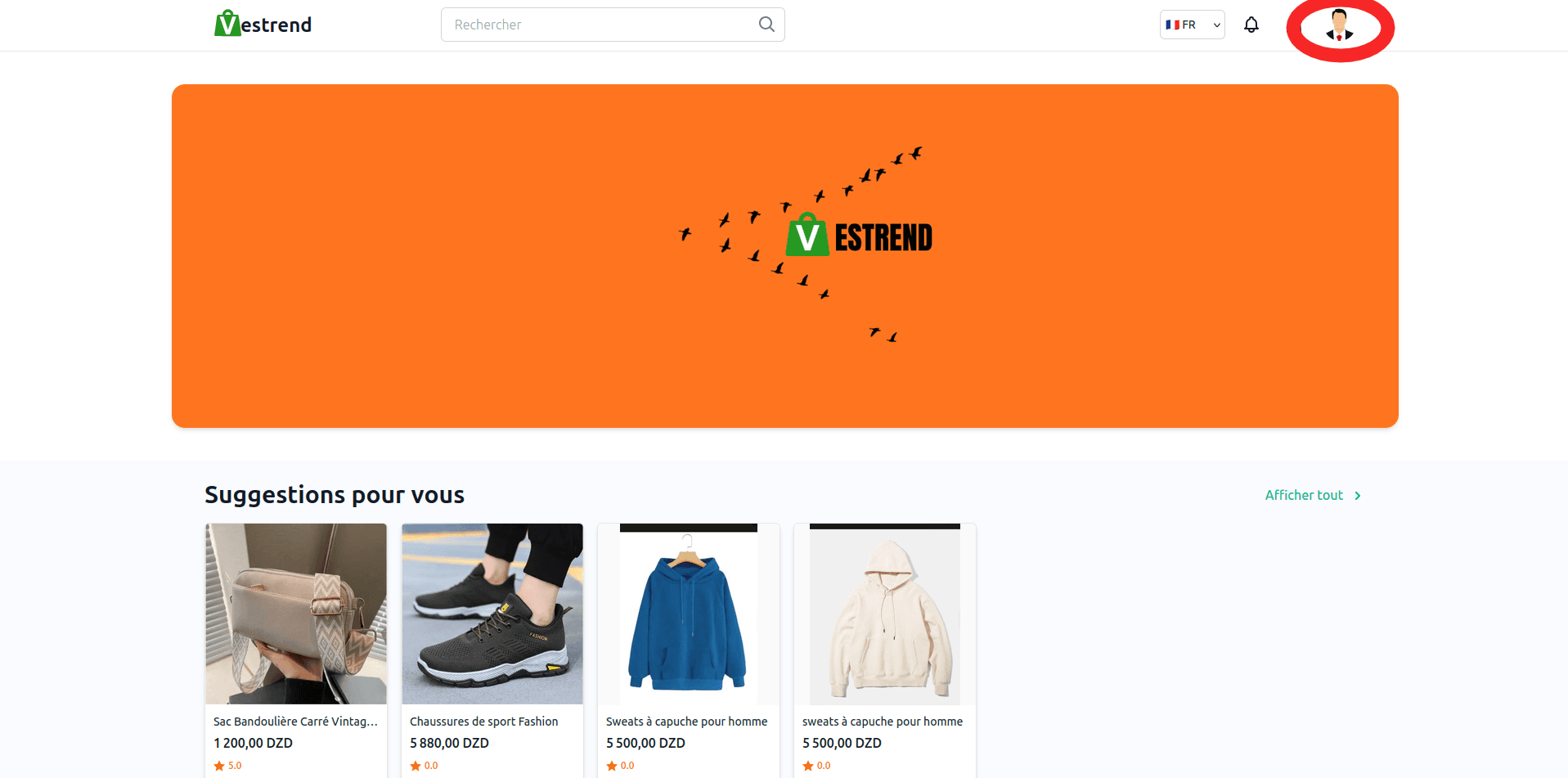 Écran « Mon compte » avec le menu des options