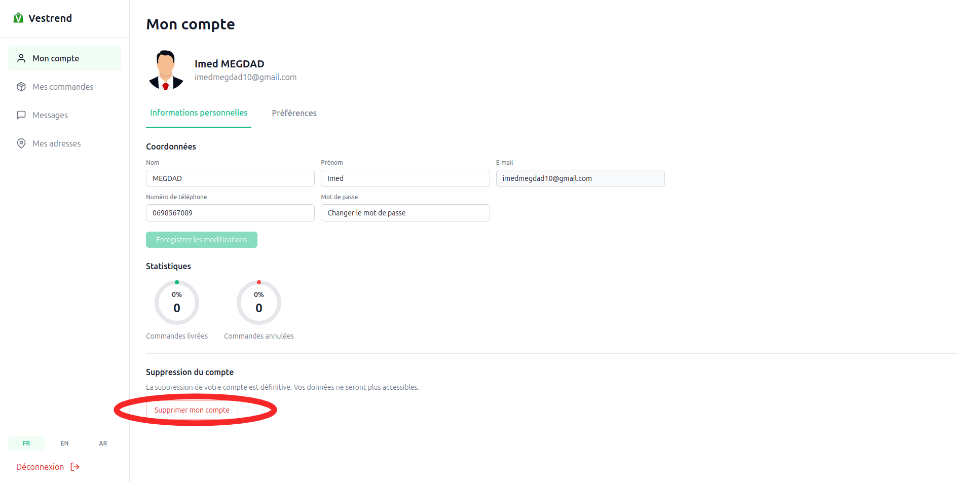 Option « Supprimer le compte » dans le menu