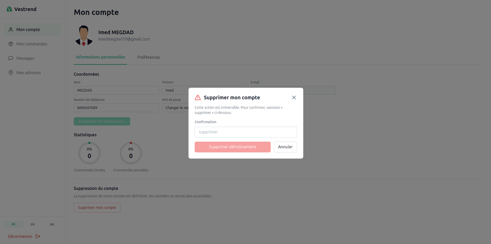 Fenêtre de confirmation de suppression du compte