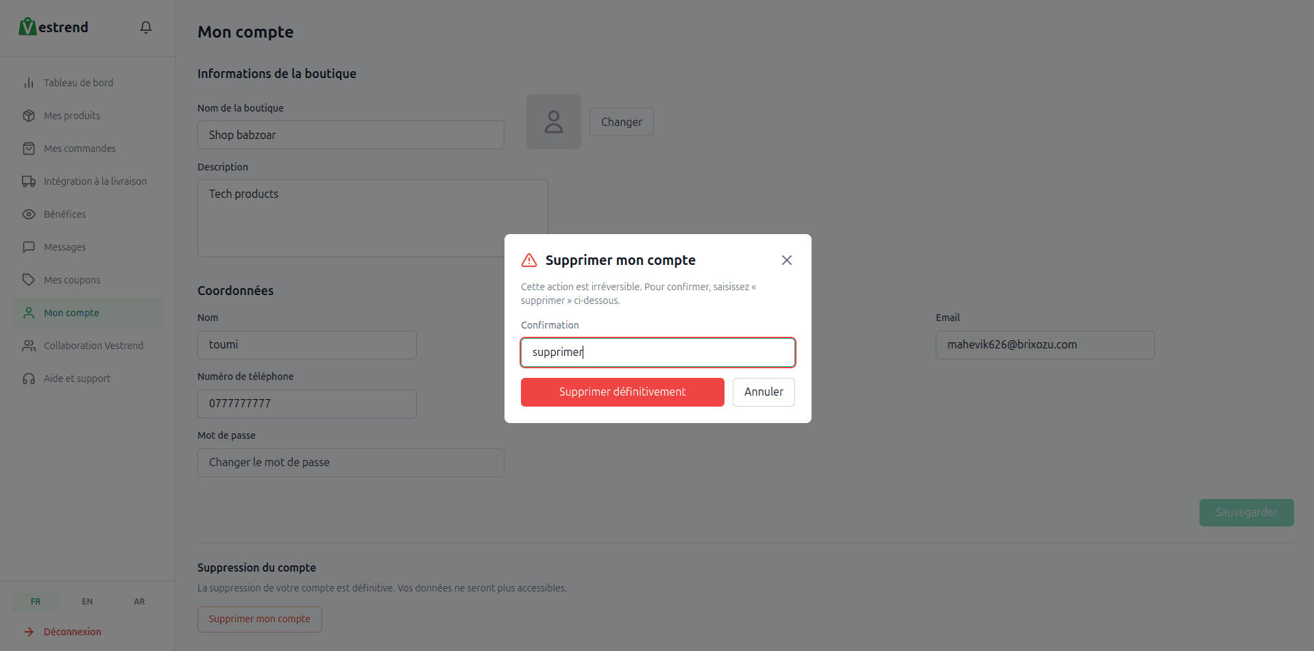 Fenêtre de confirmation de suppression du compte vendeur